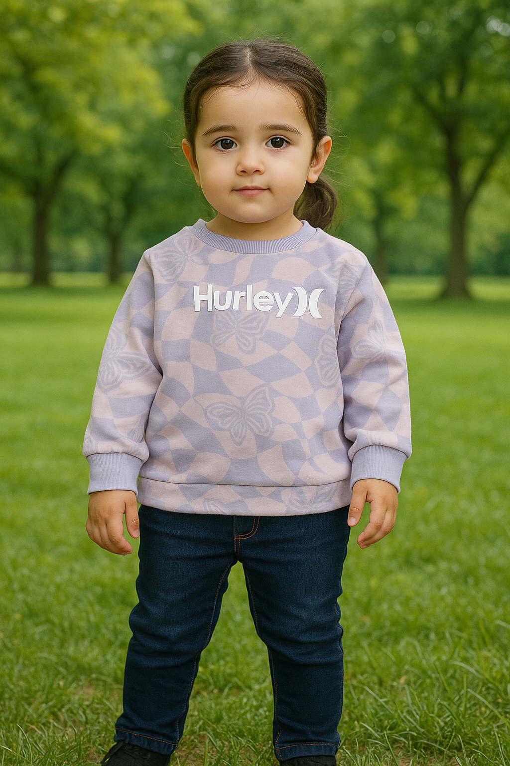 Hurley Kids Fleece Sweatshirt & Denim Jeans Set – Butterfly Design | Soft Winter Outfit for Girls