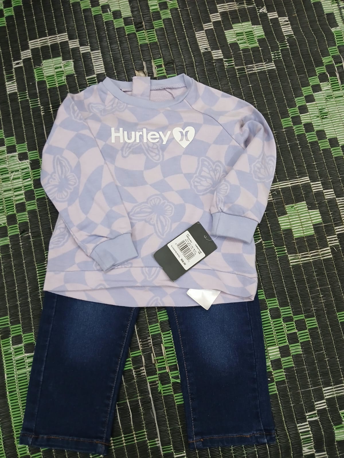 Hurley Kids Fleece Sweatshirt & Denim Jeans Set – Butterfly Design | Soft Winter Outfit for Girls